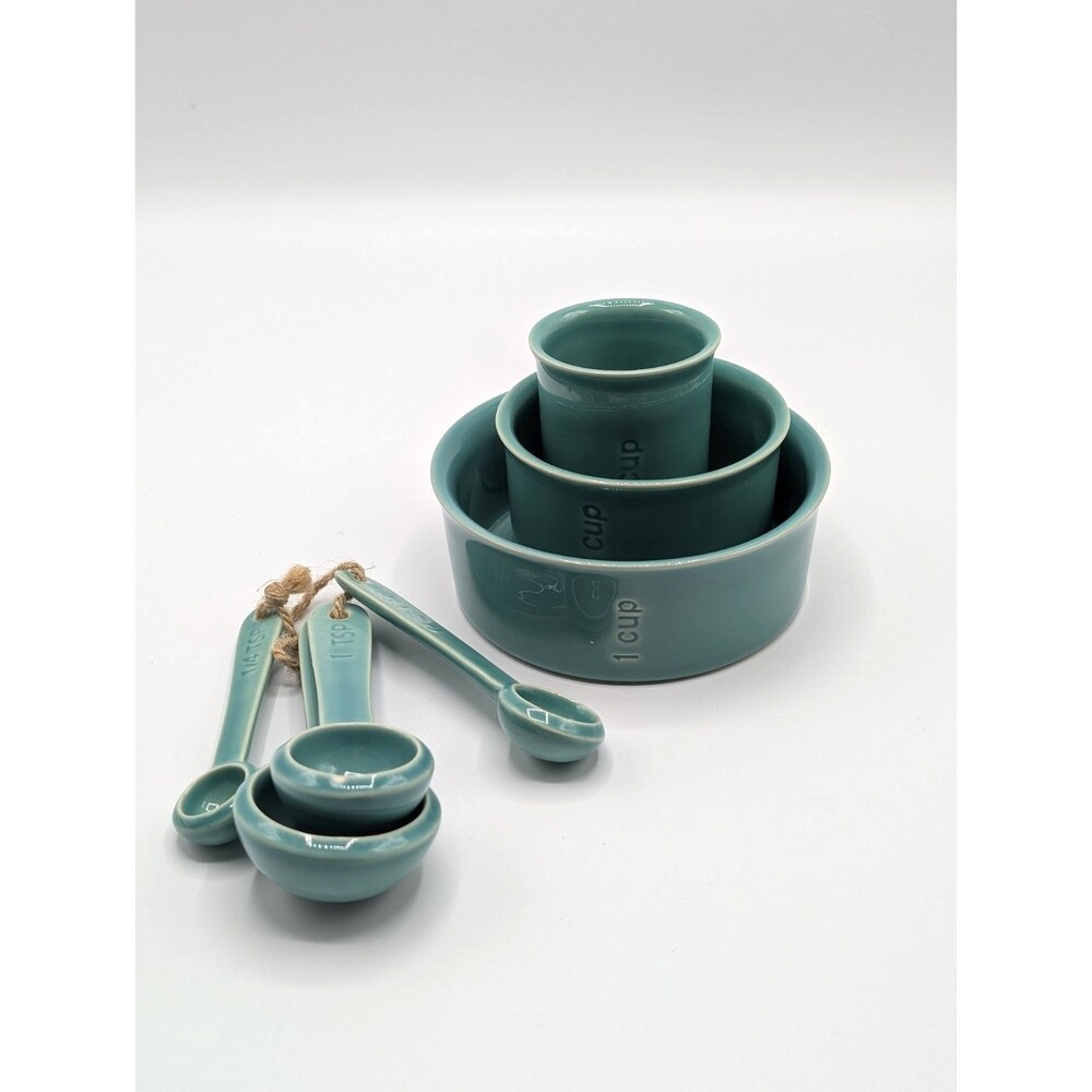 7-Piece West Elm Measuring Cups Spoons Set Teal Ceramic Glazed Stoneware
